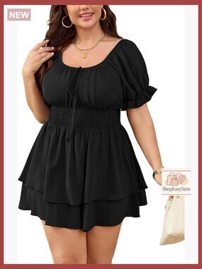 Boho Romper Dress Puff Sleeve Square Neck High Waist Ruffle Summer Jumpsuit